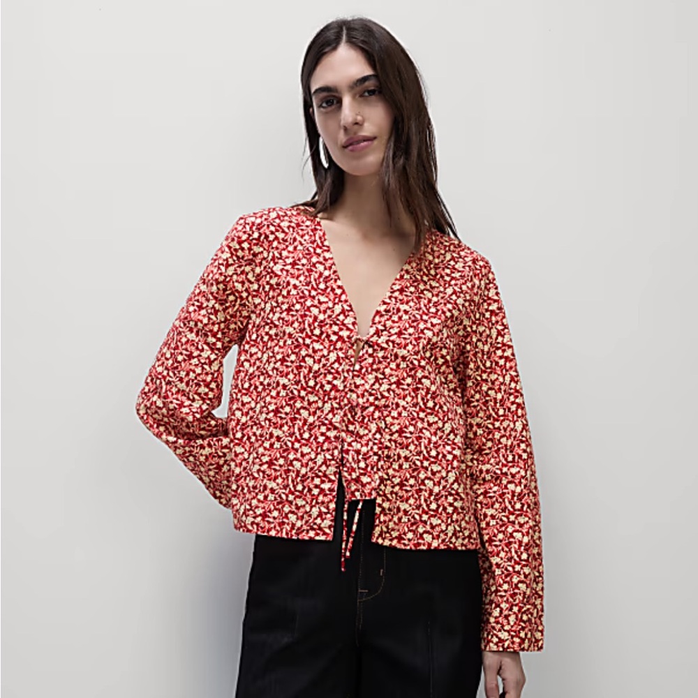 Floral Red Women's Tie Front Top